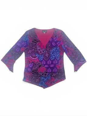 Vintage Y2K Purple Mesh Paisley Fairycore Top M Whimsigoth Boho V Neck Lined
